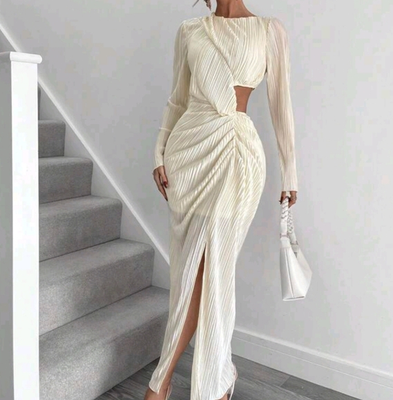 Dresses & Skirts - Elegant Waist Hollow Out Side Split Pleated Dress